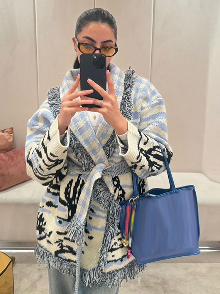 Tassel Fringe Trim - Kardigan Rajut Berumbai Motif Cetak Musim