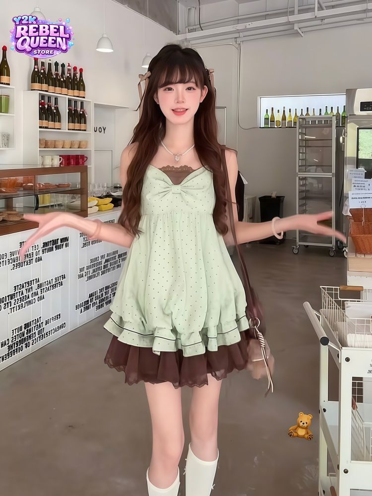 Elastic Lace Trim - Gaun Mini Wanita Model Camisole Polka